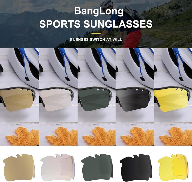 BangLong Polarized Sports Sunglasses Cycling Sun Glasses for Men Women with 5 Interchangeable Lenes for Running Baseball Golf - Image 2